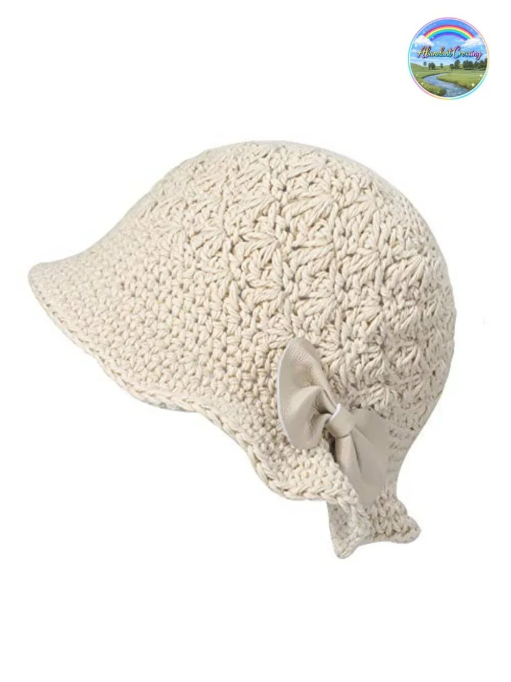 Hand Knitted Cotton Bucket Hat with Leather Bowknot for Women Foldable Travel